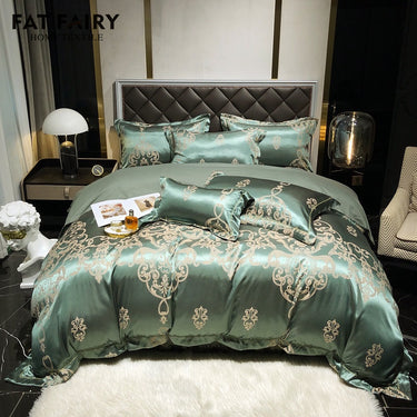 Green Purple Satin Silk Jacquard Baroque Duvet Cover Set, Cotton Bedding Set